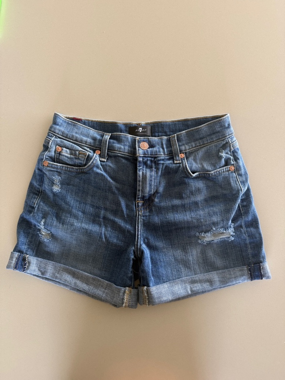 7 For All Mankind Dark Blue Distressed Rolled-Hem Denim Shorts
